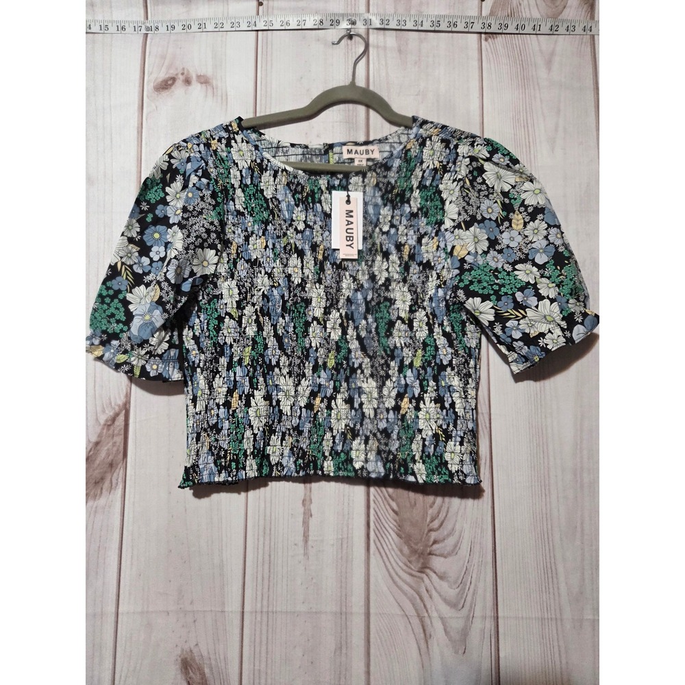 MAUBY Floral Smocked Puff Sleeve Cotton Top Blue Green Cottagecore Summer